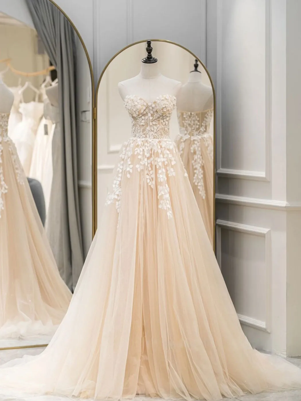 A line Sweetheart Neck Tulle Lace Long Blue Prom Dresses, Lace Formal Graduation Dresses