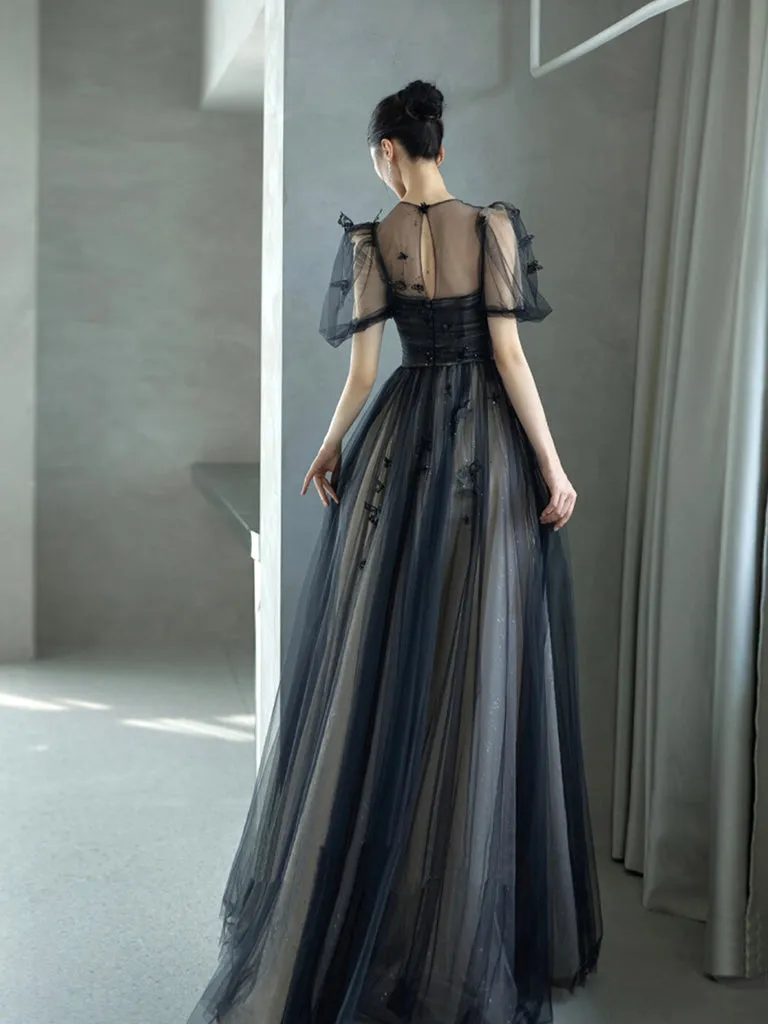 A-Line Tulle Lace Black Long Prom Dress, Black Long Evening Dress