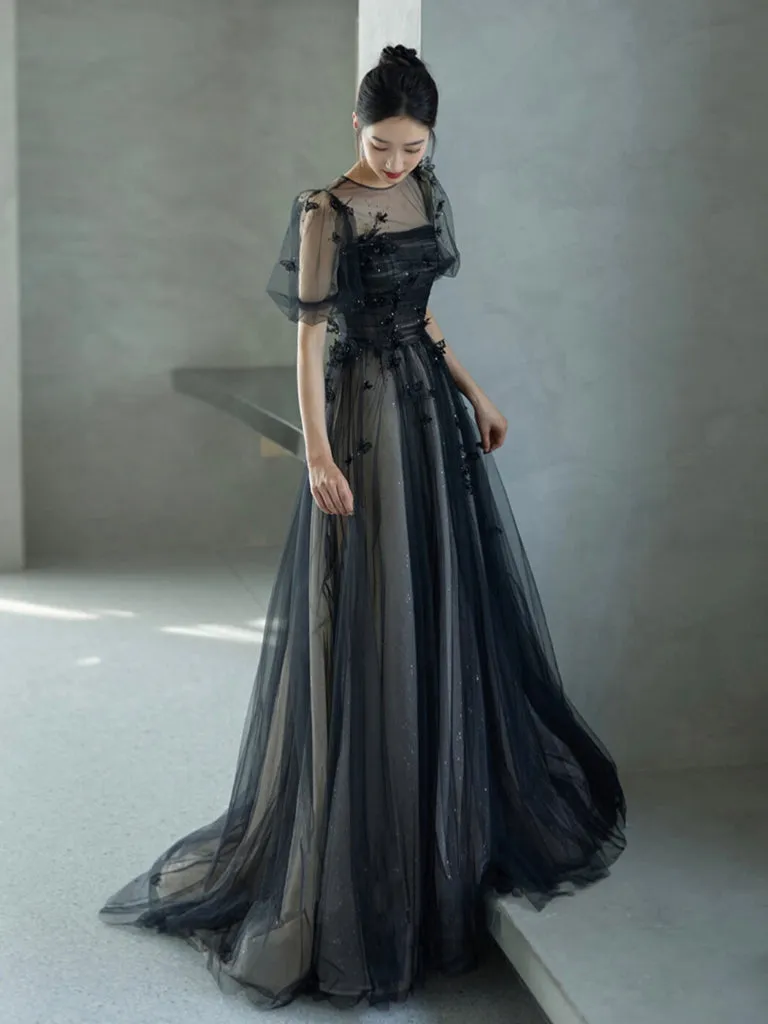 A-Line Tulle Lace Black Long Prom Dress, Black Long Evening Dress