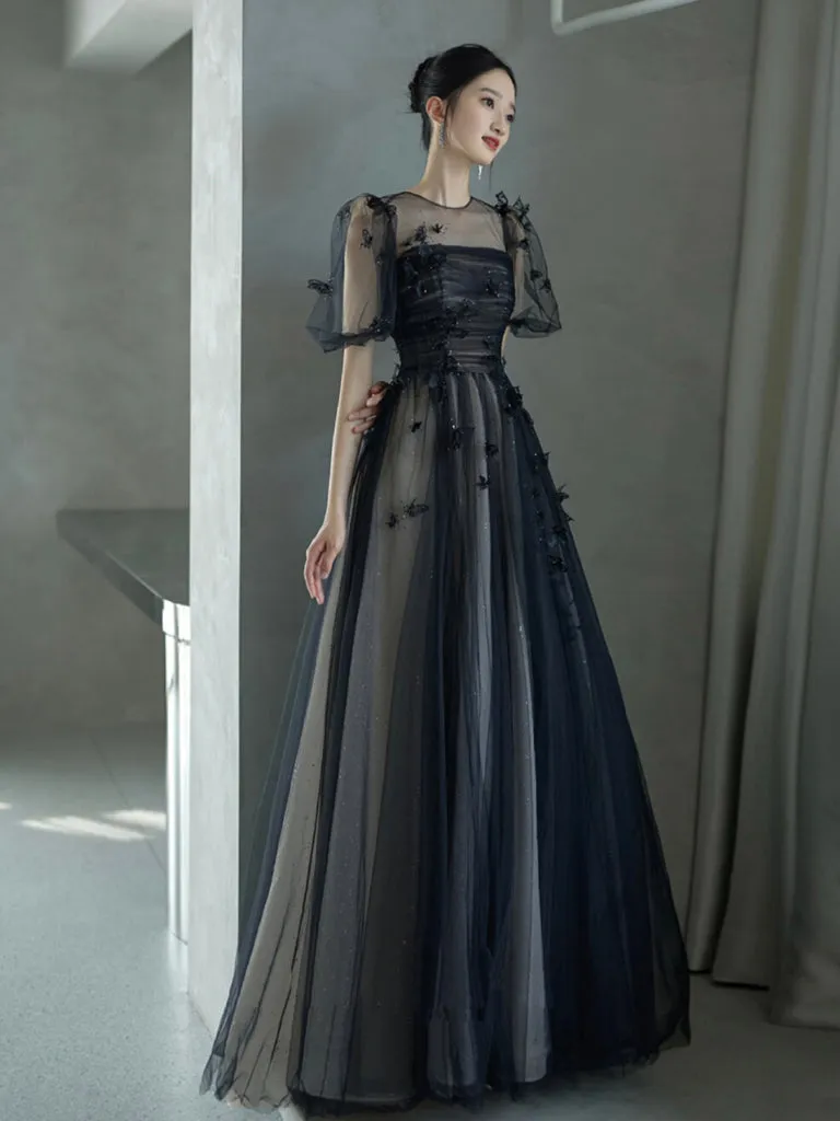 A-Line Tulle Lace Black Long Prom Dress, Black Long Evening Dress