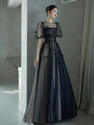 A-Line Tulle Lace Black Long Prom Dress, Black Long Evening Dress