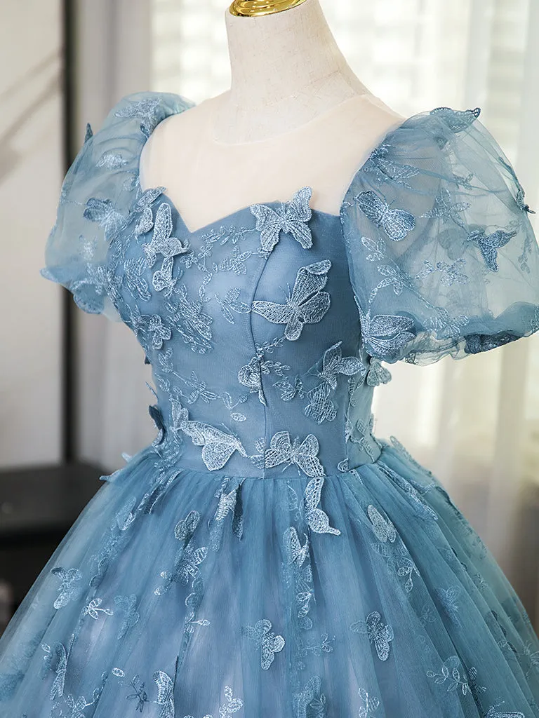 A-Line Tulle Lace Gray Blue Long Prom Dress, Gray Blue Long Sweet 16 Dress