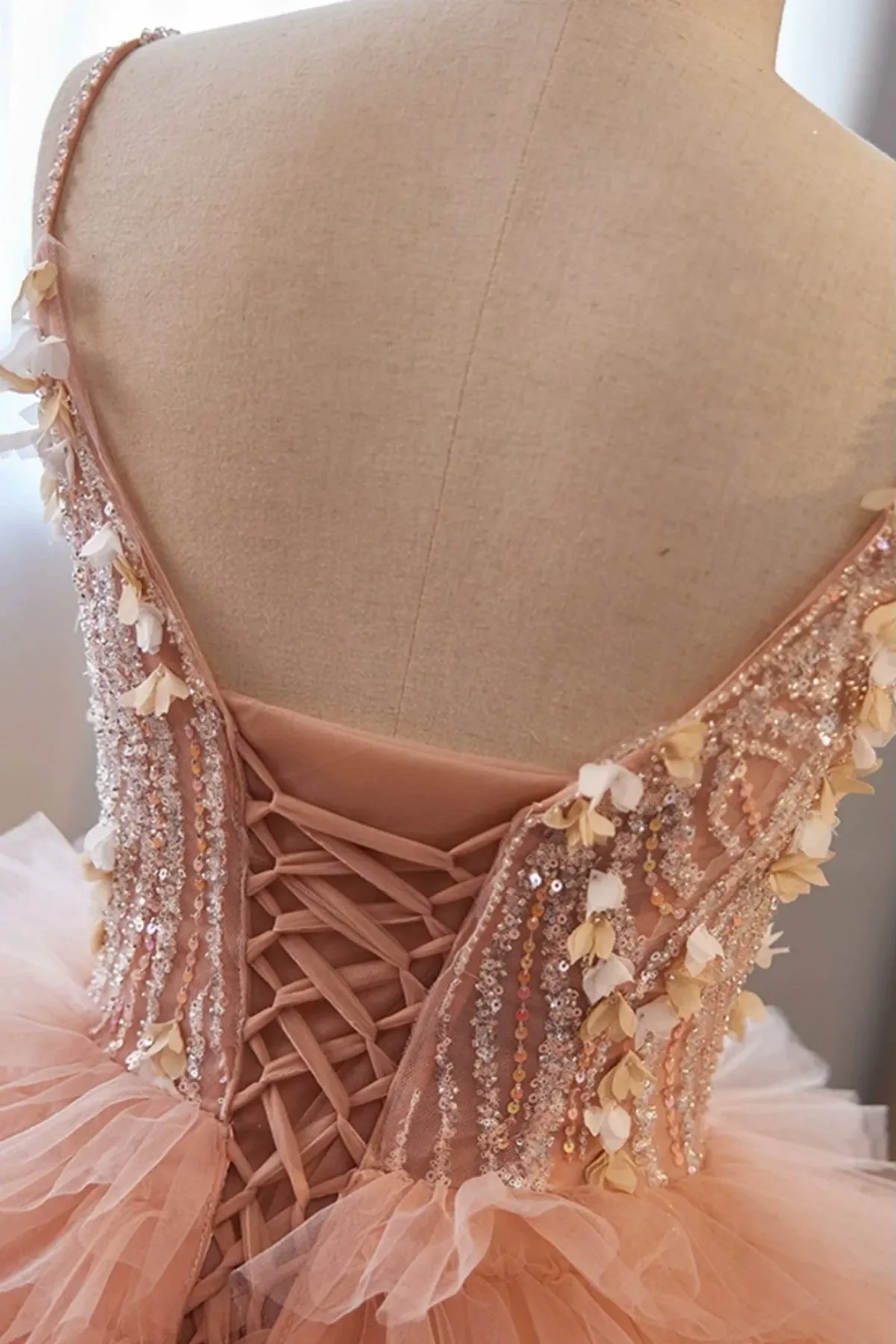 A-Line Tulle Lace Pink Long Prom Dress, Pink Tulle Lace Long Sweet 16 Dress
