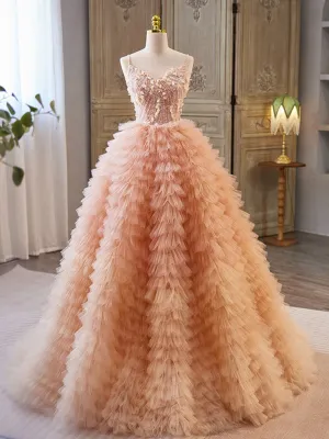 A-Line Tulle Lace Pink Long Prom Dress, Pink Tulle Lace Long Sweet 16 Dress