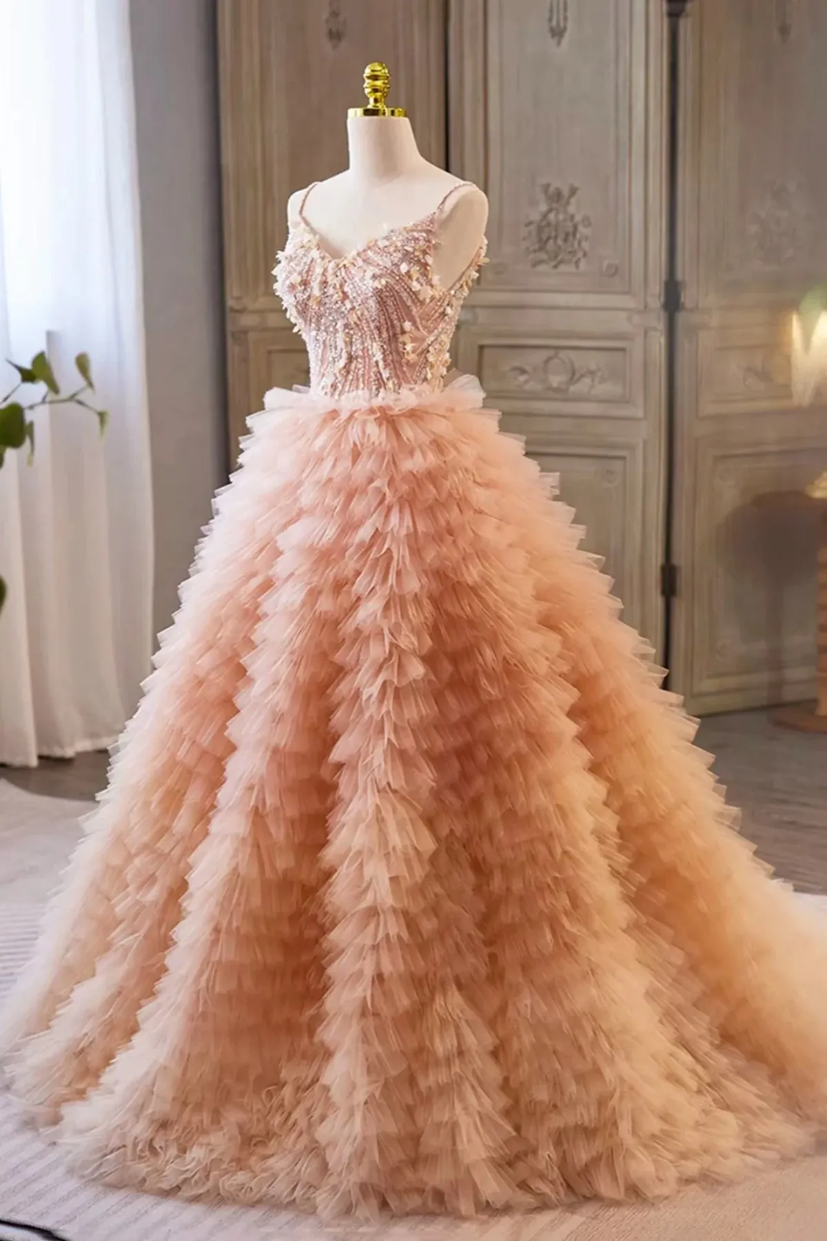 A-Line Tulle Lace Pink Long Prom Dress, Pink Tulle Lace Long Sweet 16 Dress