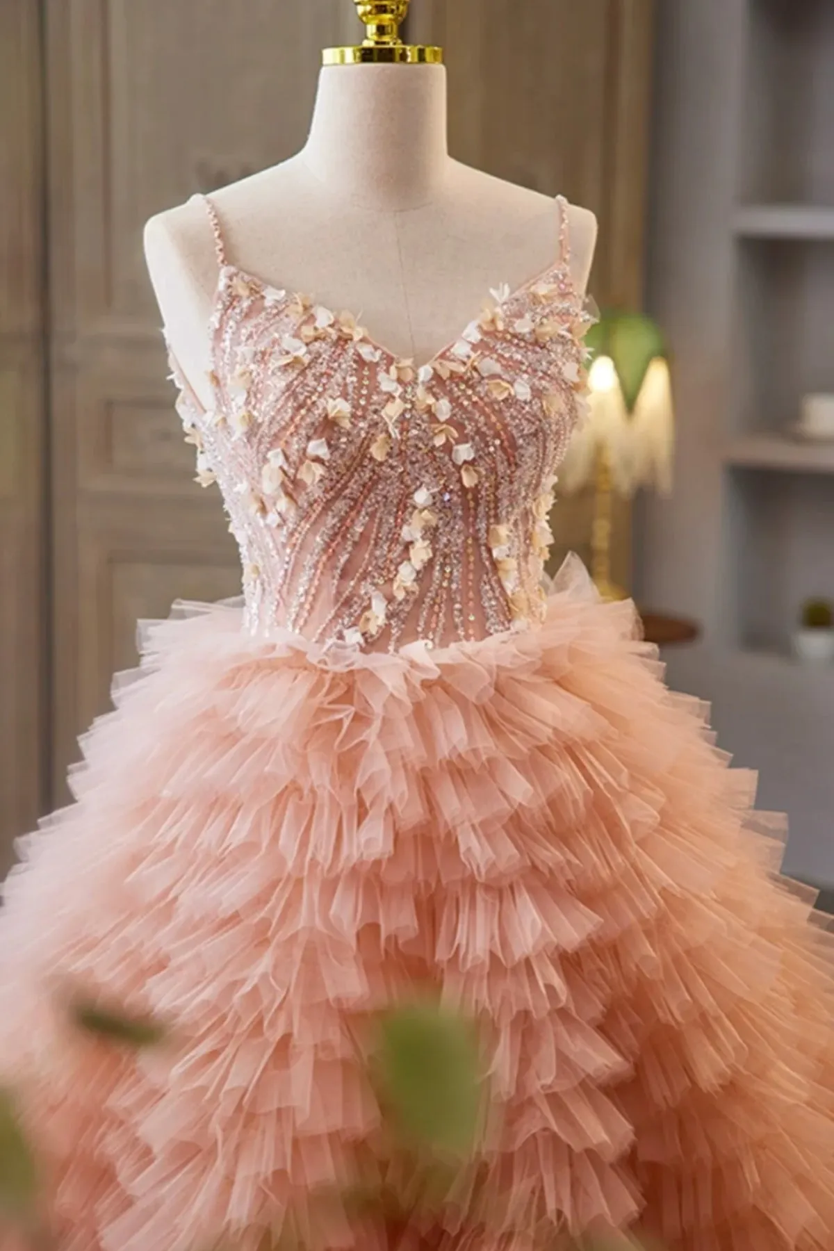 A-Line Tulle Lace Pink Long Prom Dress, Pink Tulle Lace Long Sweet 16 Dress