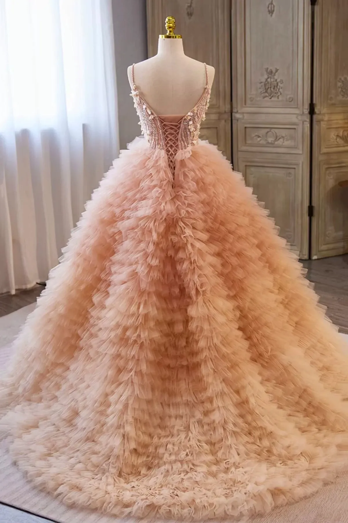 A-Line Tulle Lace Pink Long Prom Dress, Pink Tulle Lace Long Sweet 16 Dress
