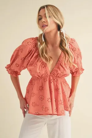 Aemi   Co Eyelet Embroidered V-Neck Half Sleeve Peplum Blouse