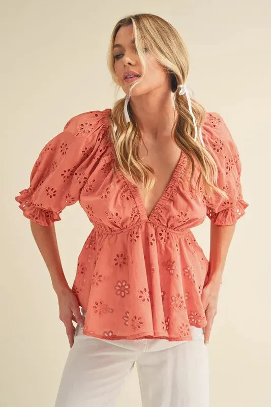 Aemi   Co Eyelet Embroidered V-Neck Half Sleeve Peplum Blouse