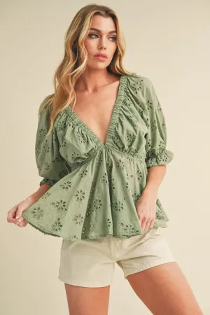 Aemi   Co Eyelet Embroidered V-Neck Half Sleeve Peplum Blouse