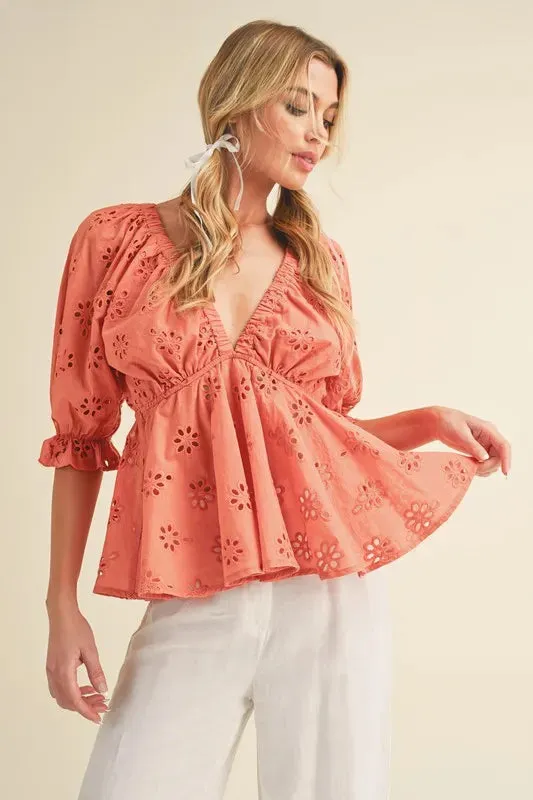 Aemi   Co Eyelet Embroidered V-Neck Half Sleeve Peplum Blouse