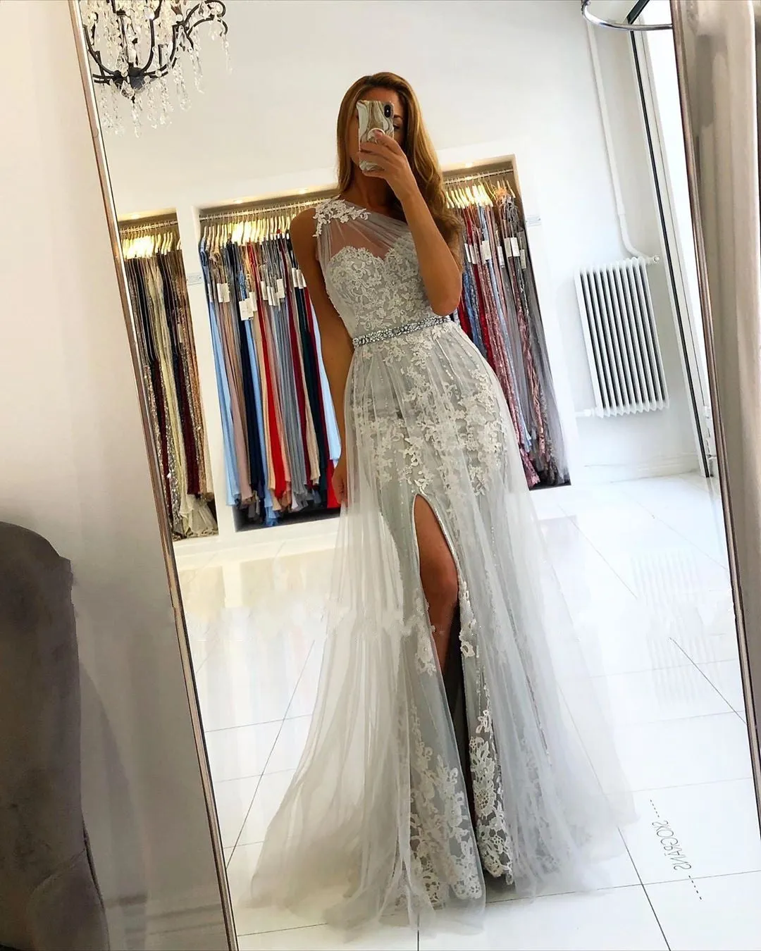 Affordable Lace Silver Prom Dresses One Shoulder Tulle with Beadings
