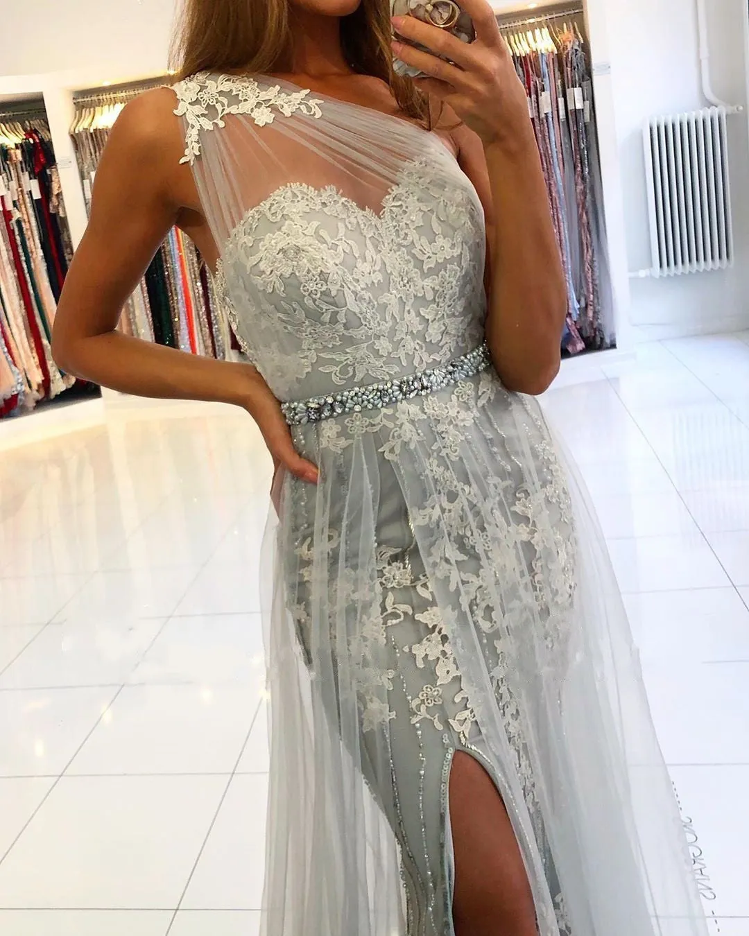 Affordable Lace Silver Prom Dresses One Shoulder Tulle with Beadings