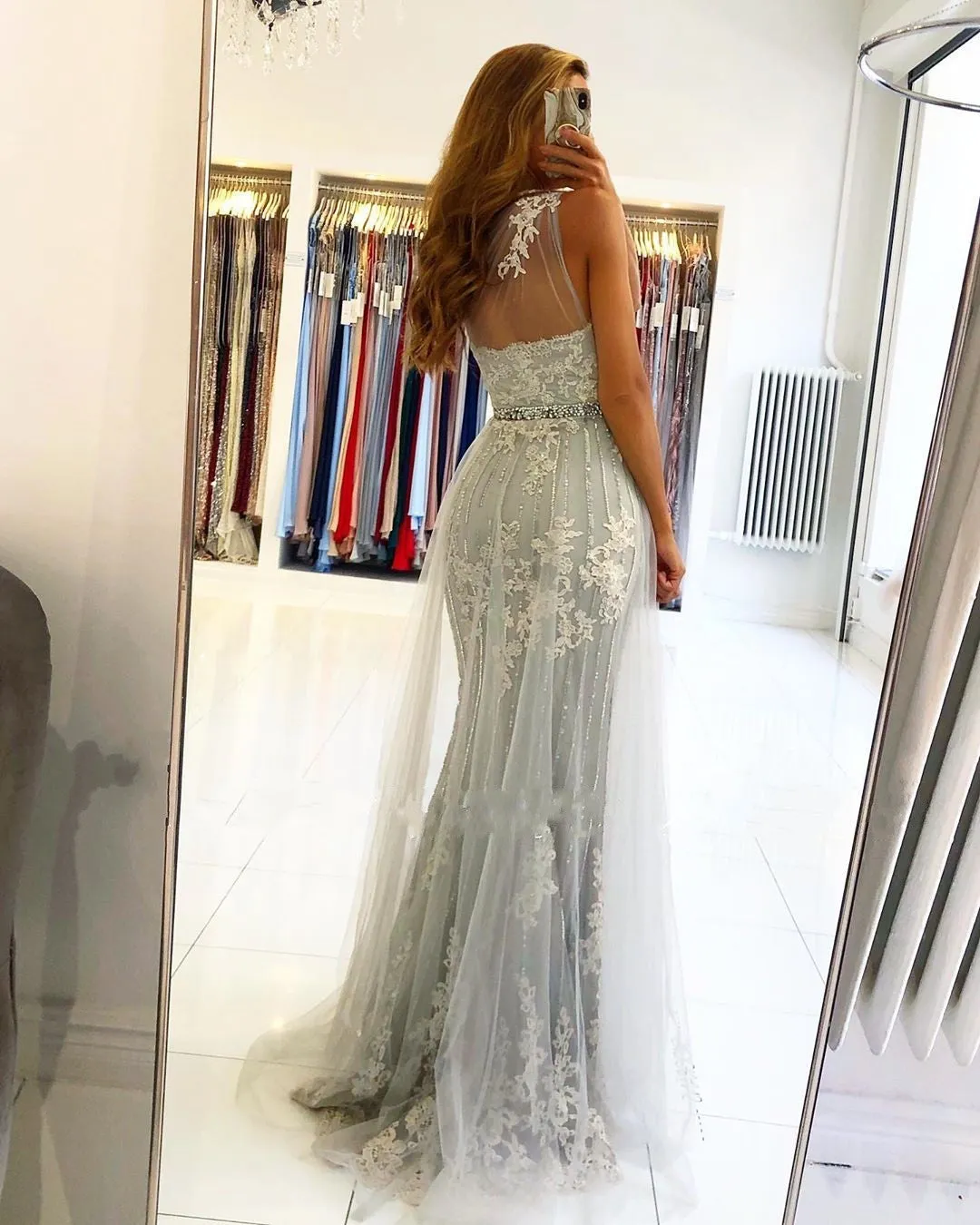 Affordable Lace Silver Prom Dresses One Shoulder Tulle with Beadings
