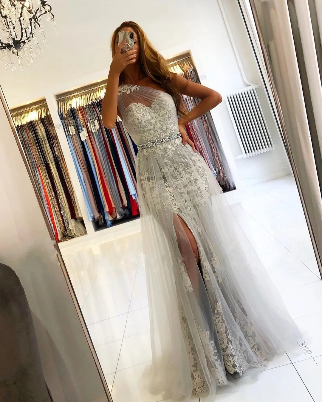 Affordable Lace Silver Prom Dresses One Shoulder Tulle with Beadings