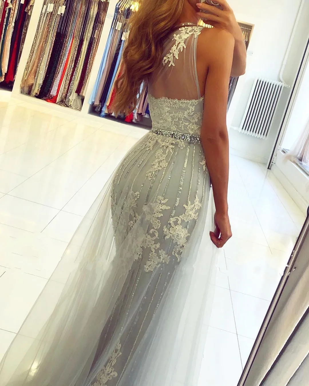 Affordable Lace Silver Prom Dresses One Shoulder Tulle with Beadings