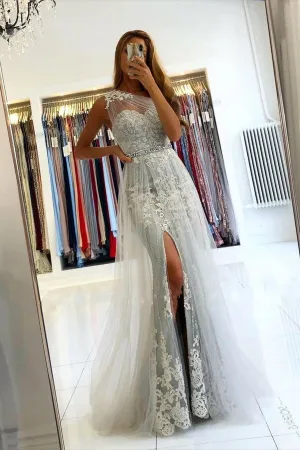 Affordable Lace Silver Prom Dresses One Shoulder Tulle with Beadings
