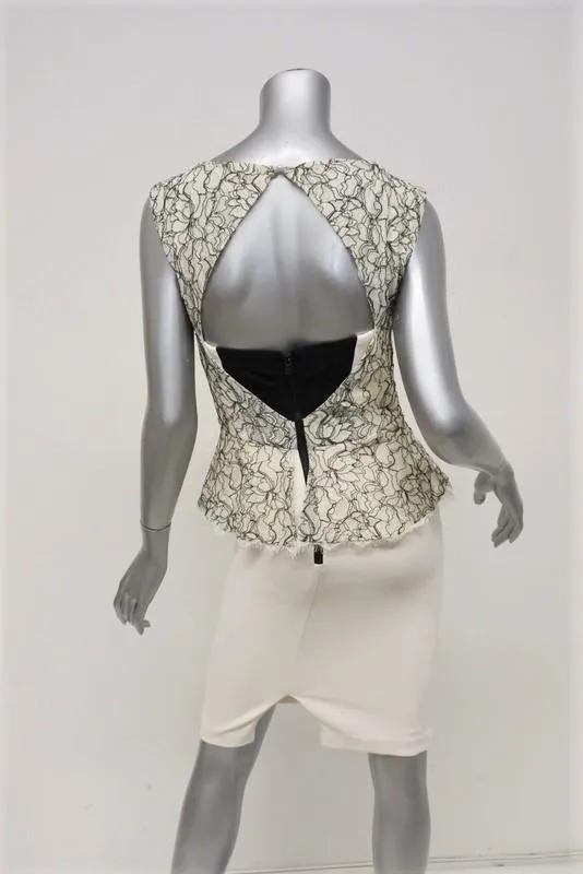 Alice   Olivia Peplum Dress Shovan Ivory/Black Lace & Crepe Open-Back Size 6 NEW