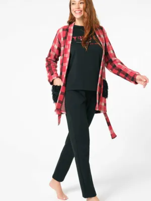 Anil Women’s Plaid Side Pockets Gown Chest Print Long Sleeve Sweatshirt & Pants 3 Pieces Set