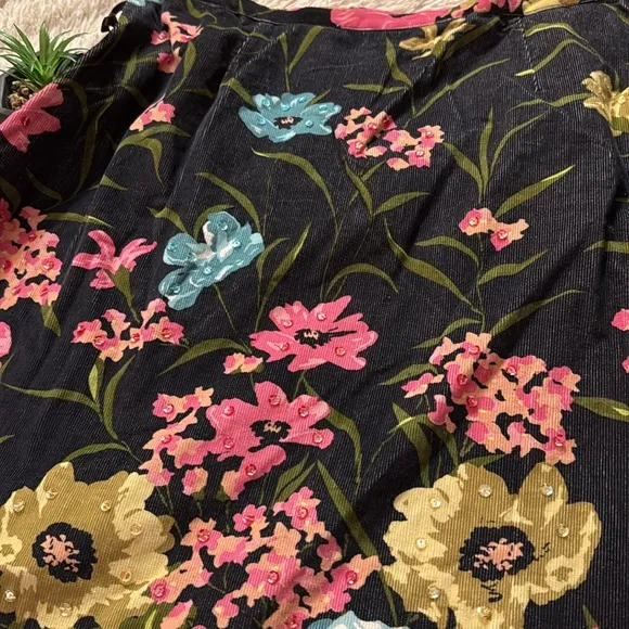 Anne Klein Midi Floral Pink Blue Sequins Corduroy Skirt 18W