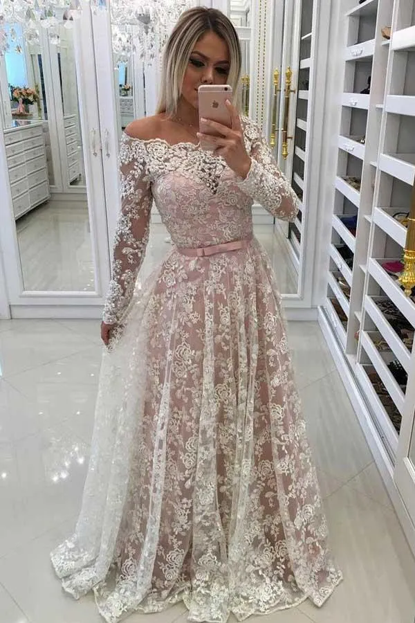 Anneprom A-Line Off-The-Shoulder Prom Dress With Lace Appliques Sleeves APP0274