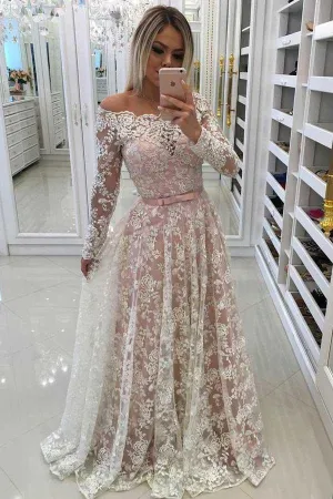 Anneprom A-Line Off-The-Shoulder Prom Dress With Lace Appliques Sleeves APP0274