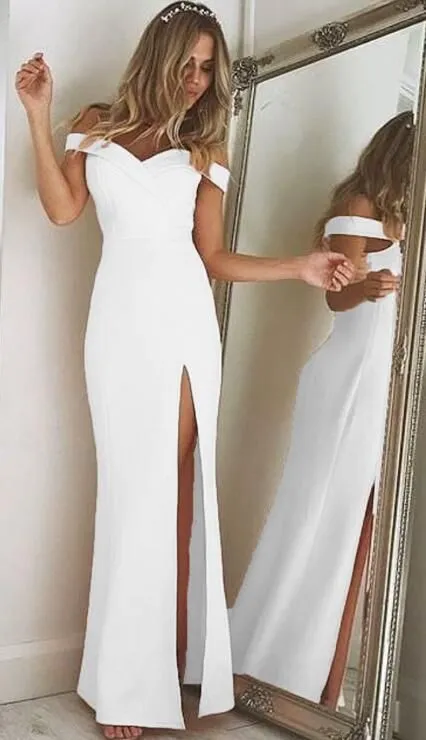 Anneprom A-line Off the Shoulder White  Cheap Lace Chiffon Beach Wedding Dresses APW0368
