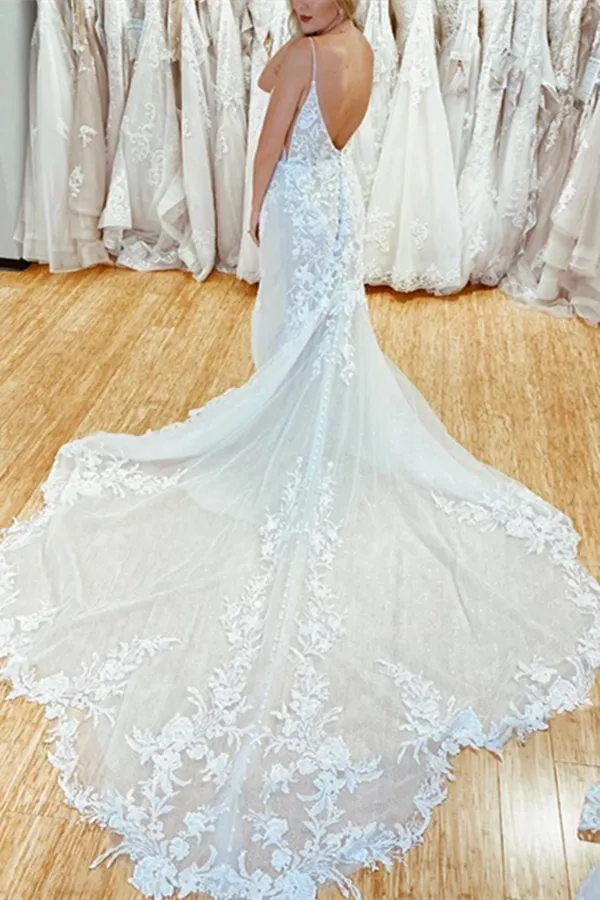 Anneprom Amazing Spaghetti Straps Appliques Lace Wedding Dresses Mermaid Chapel Train Bridal Gowns APW0362