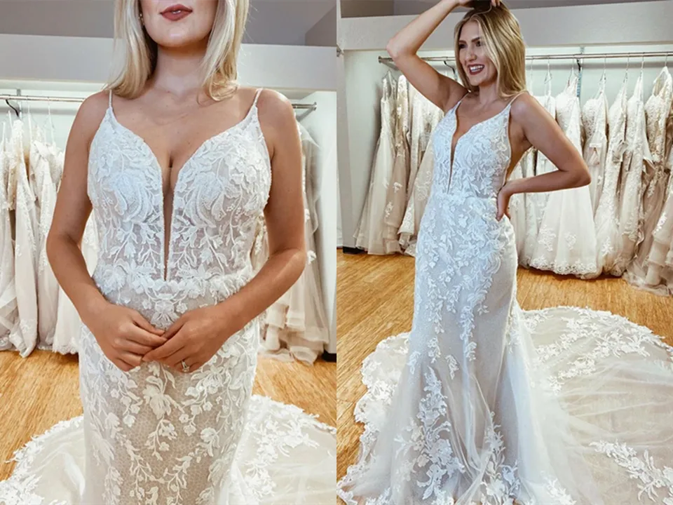 Anneprom Amazing Spaghetti Straps Appliques Lace Wedding Dresses Mermaid Chapel Train Bridal Gowns APW0362