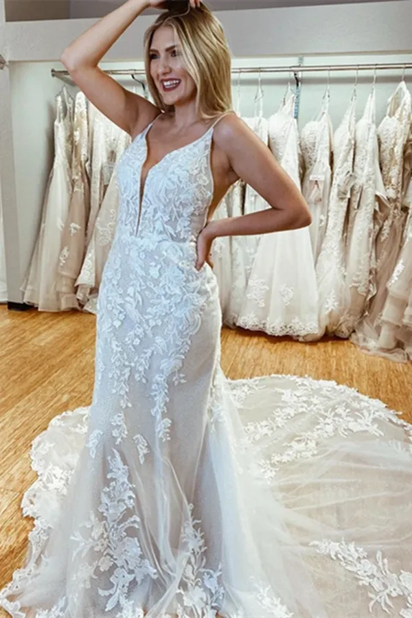 Anneprom Amazing Spaghetti Straps Appliques Lace Wedding Dresses Mermaid Chapel Train Bridal Gowns APW0362