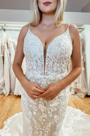 Anneprom Amazing Spaghetti Straps Appliques Lace Wedding Dresses Mermaid Chapel Train Bridal Gowns APW0362