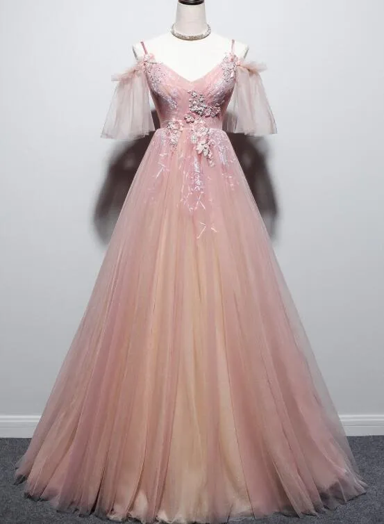 Anneprom Beautiful Pink Straps V-neckline Tulle Floral Prom Dress, Pink Floor Length Party Dress APP0412