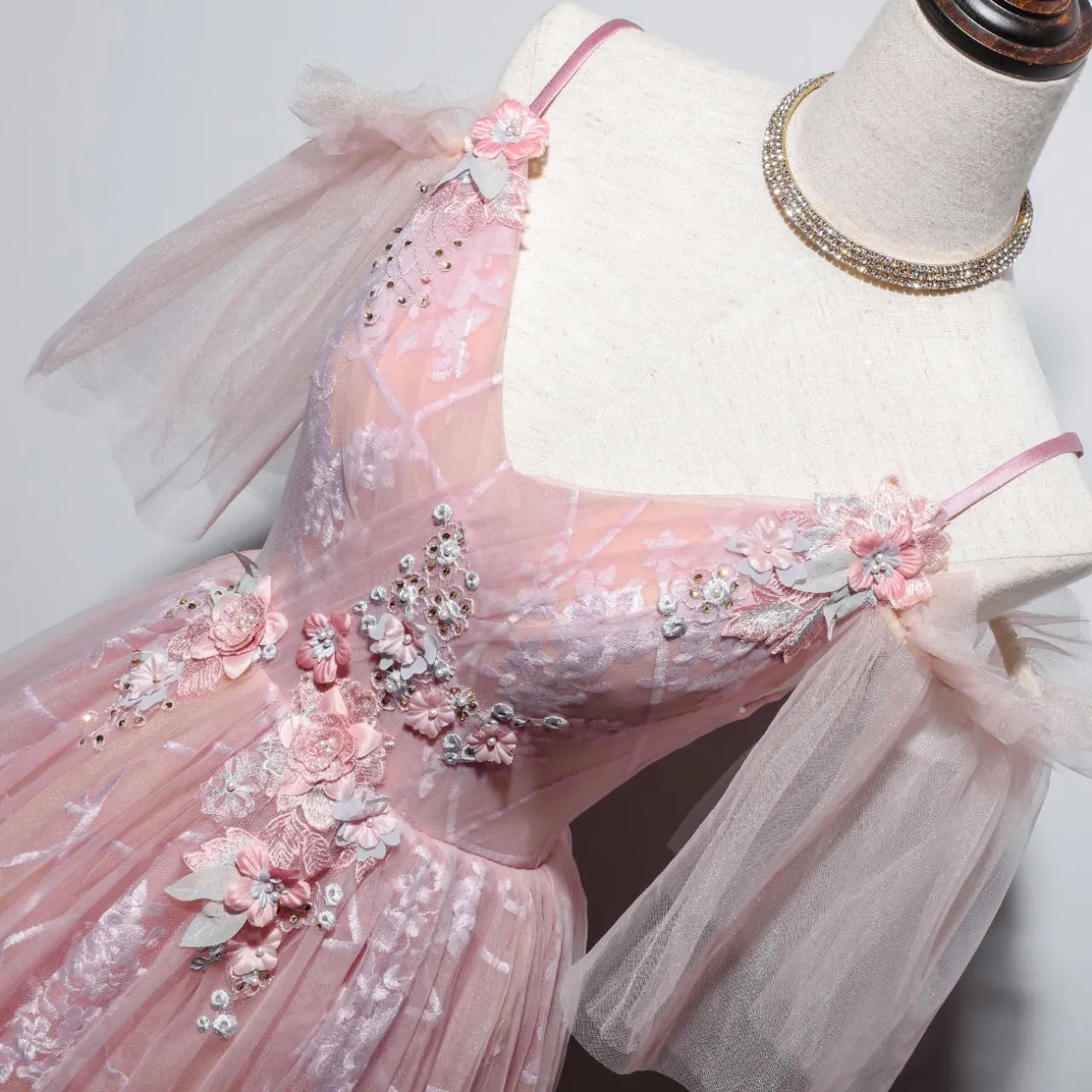 Anneprom Beautiful Pink Straps V-neckline Tulle Floral Prom Dress, Pink Floor Length Party Dress APP0412