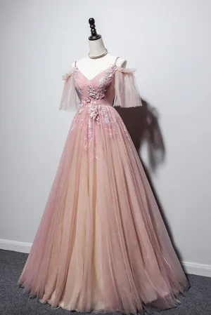 Anneprom Beautiful Pink Straps V-neckline Tulle Floral Prom Dress, Pink Floor Length Party Dress APP0412