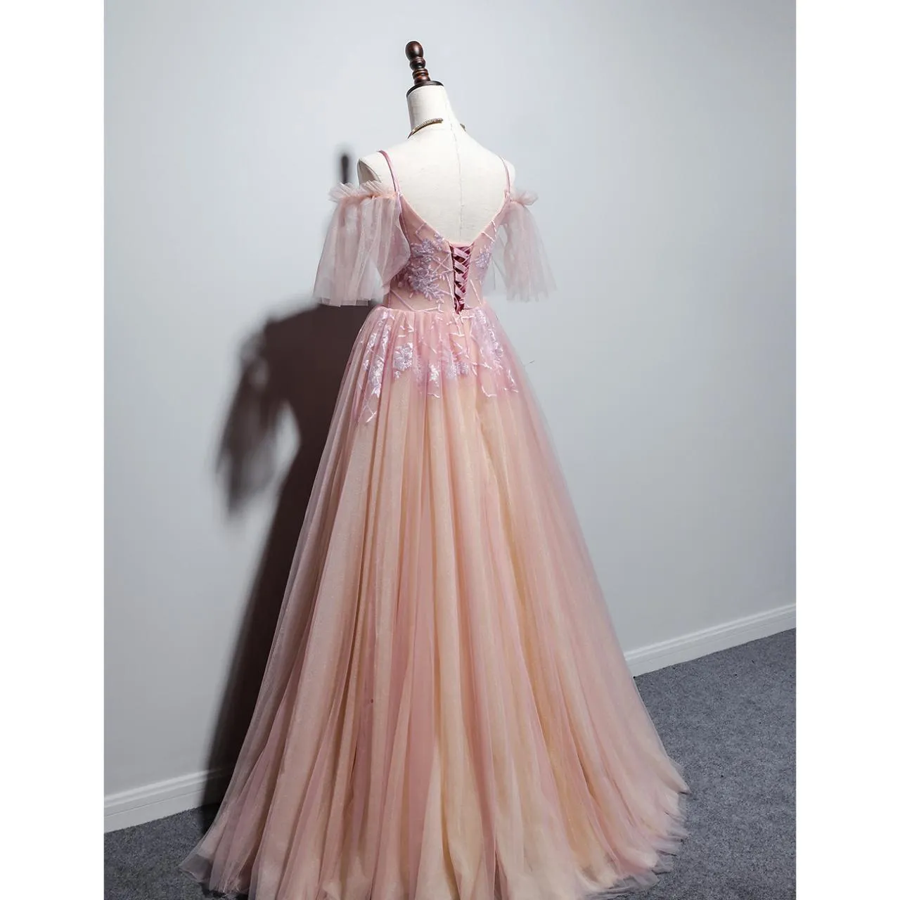 Anneprom Beautiful Pink Straps V-neckline Tulle Floral Prom Dress, Pink Floor Length Party Dress APP0412