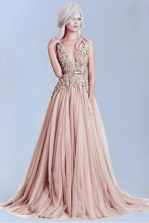 Anneprom Charming Tulle V-Neck A-Line Evening Dresses With Lace Appliques APP0250