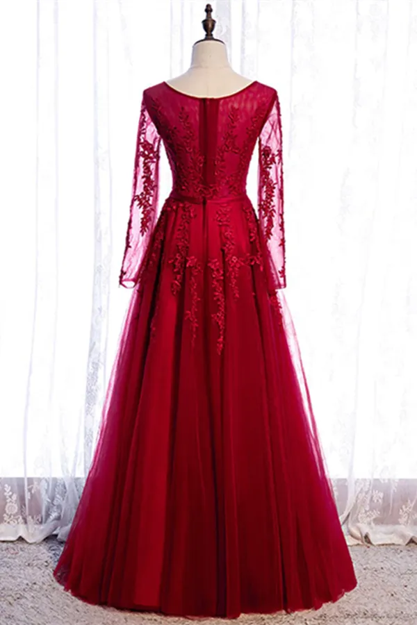 Anneprom Chic A line Bateau Burgundy Lace Prom Dress Long Sleeve Tulle Evening Dresses APP0594