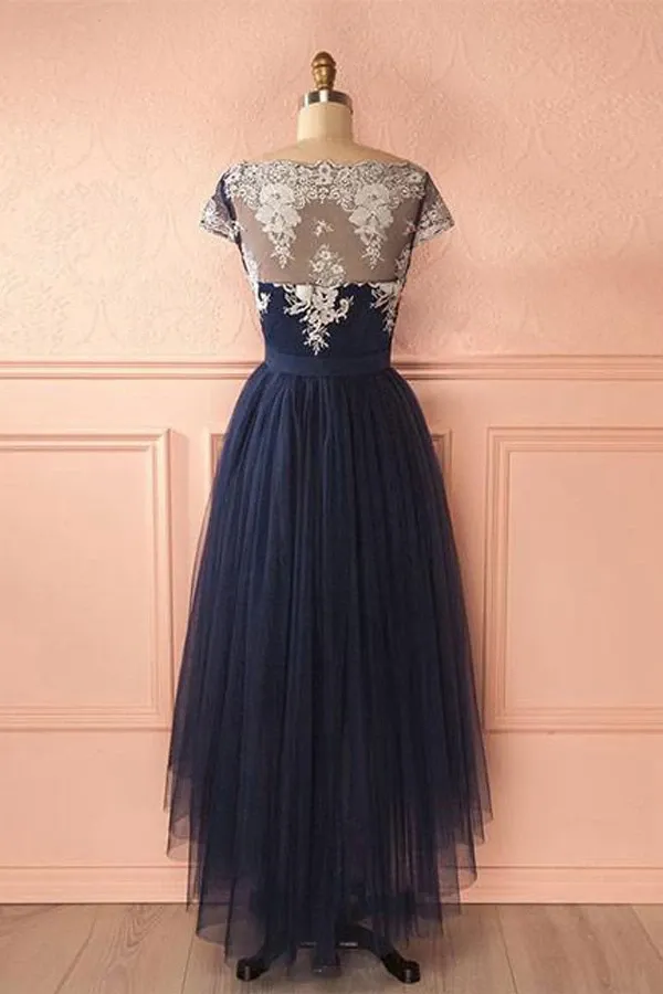 Anneprom Cute Dark Blue Tulle Lace High Low Prom Dress Evening Dresses APP0176