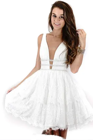 Anneprom Deep Neck Short Prom Dress White Lace Homecoming Dress APP0166