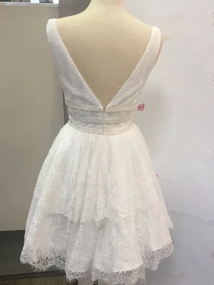 Anneprom Deep Neck Short Prom Dress White Lace Homecoming Dress APP0166