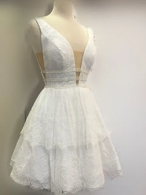 Anneprom Deep Neck Short Prom Dress White Lace Homecoming Dress APP0166