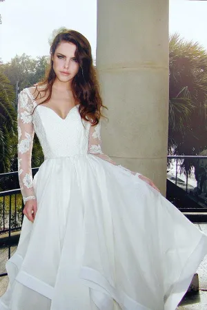 Anneprom Glamorous V Neck Long Sleeves Lace Organza Wedding Dresses  APW0126