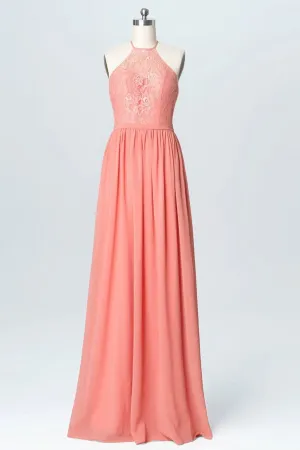 Anneprom Halter Lace Long Chiffon Cheap Peach Bridesmaid Dresses APB0094