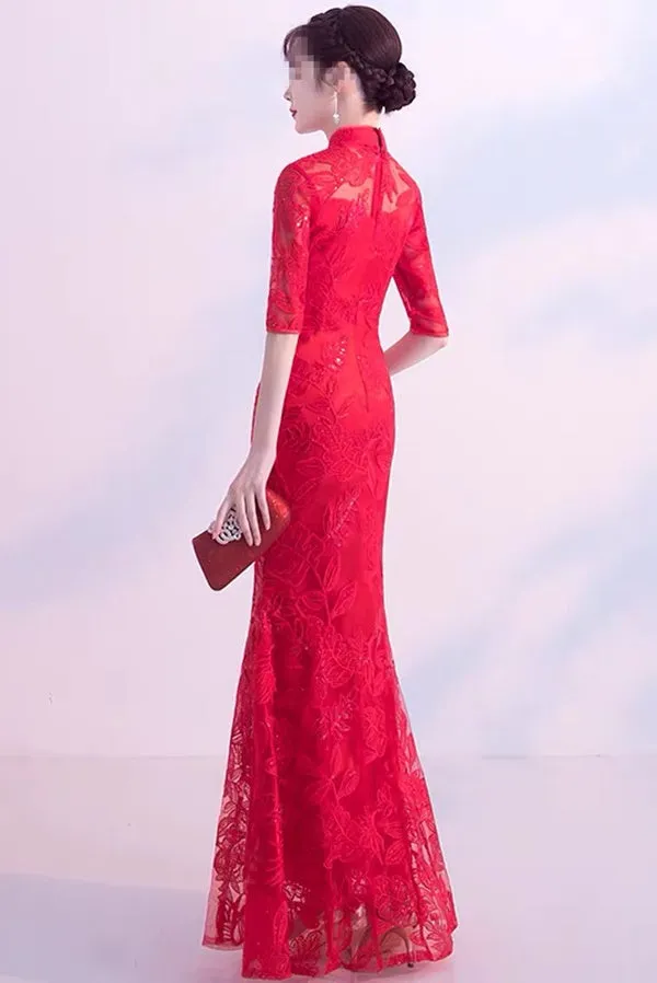 Anneprom High Neck Sweep Train Chiffon Red Prom Dress Evening Gowns With Beading APP0372