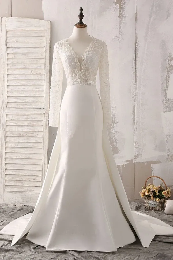 Anneprom Ivory Lace And Satin V-Neck Long Sleeve Beaded Wedding Dress APW0167