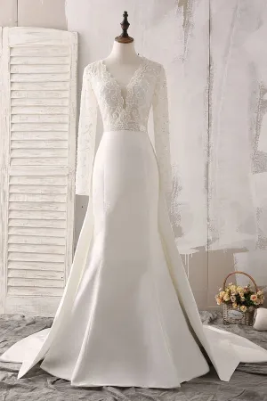 Anneprom Ivory Lace And Satin V-Neck Long Sleeve Beaded Wedding Dress APW0167