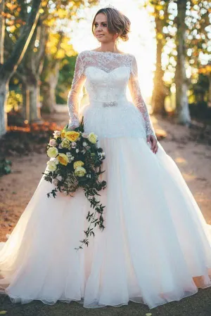Anneprom Long Sleeves Ball Gown Organza Wedding Dress With Beading Lace Top APW0071