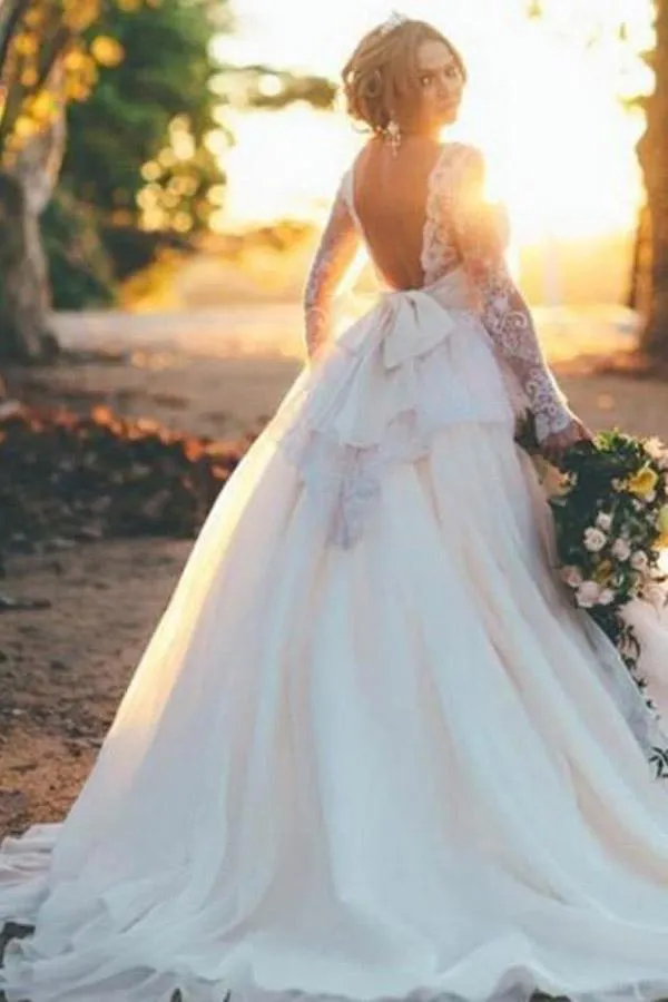 Anneprom Long Sleeves Ball Gown Organza Wedding Dress With Beading Lace Top APW0071