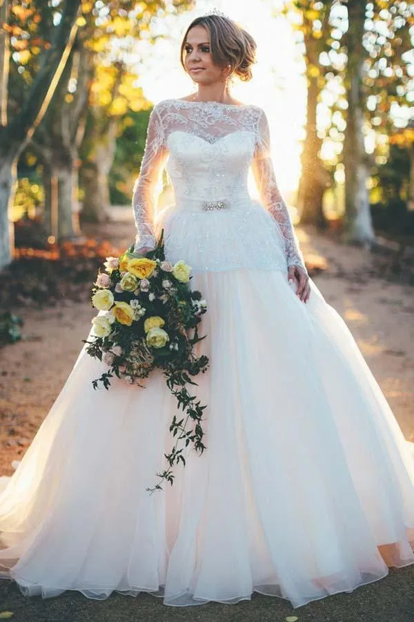 Anneprom Long Sleeves Ball Gown Organza Wedding Dress With Beading Lace Top APW0071