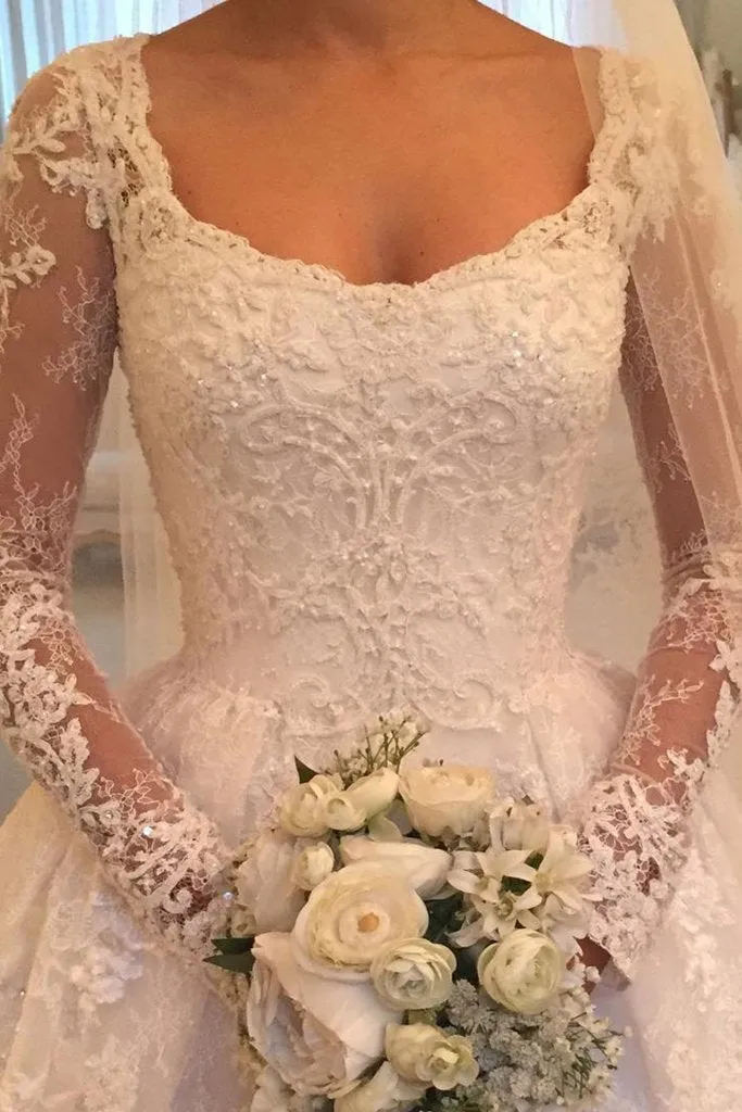 Anneprom Long Sleeves Scoop Off White Lace A Line Elegant Wedding Dresses APW0073